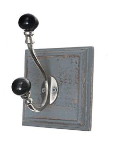 ANTIQUE NICKEL HOOK WITH BLACK KNOB ON WOOD BASE (GRAY-WASH)