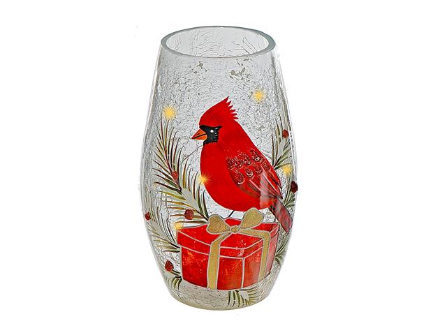 LED CRACKLED OBLONG GLASS DECOR (CARDINAL ON GIFTBOX)
